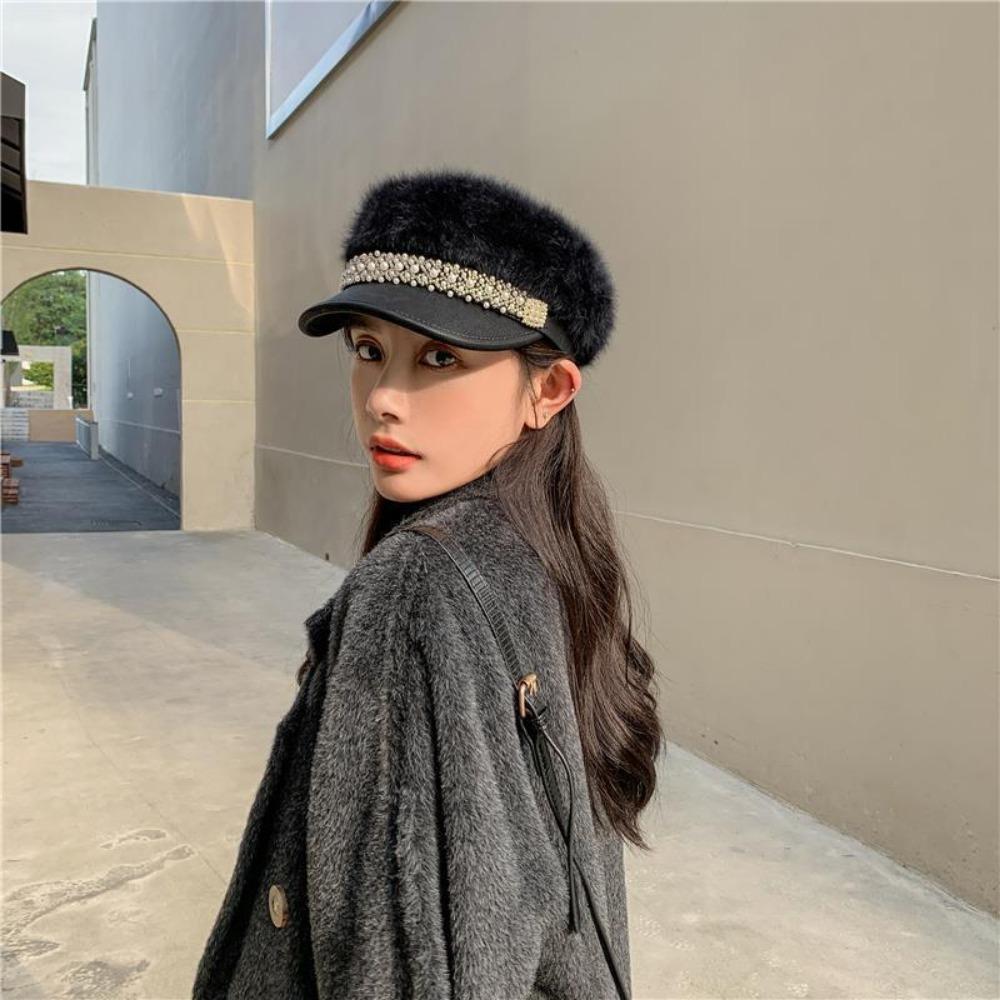 Women's Hats Fall and Winter Plush Flat Top Navy Hat Fashion Versatile Pearl Cap Lace Winter Star Anise Beret