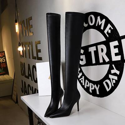 Botas hasta la rodilla ajustadas de invierno puntiagudas con tacón fino simple a la moda europea y americana para mujer