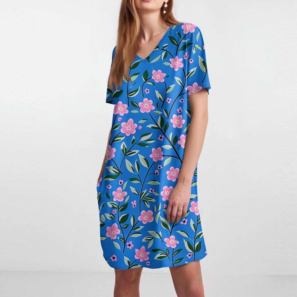 Damen Retro Blumen- und Blätterdruck V-Ausschnitt Midi Tasche Kurzarm Top