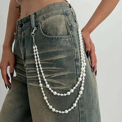 SHIXIN Prachtige Dubbellaagse Imitatie Parel Sleutelhanger Portemonnee Riemketting Dames Heren Hip Hop Jeans Accessoires Hipster Broekketting