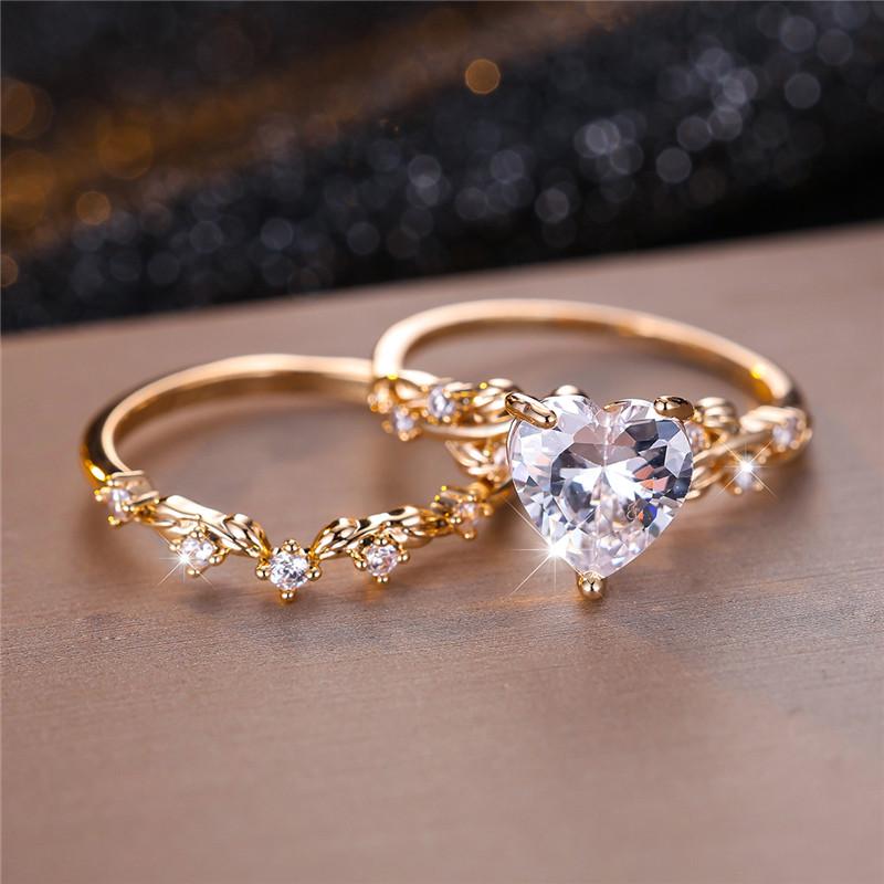 Female Crystal White Zircon Stone Heart Engagement Ring Set Luxury Gold Color Wedding Jewelry For Women