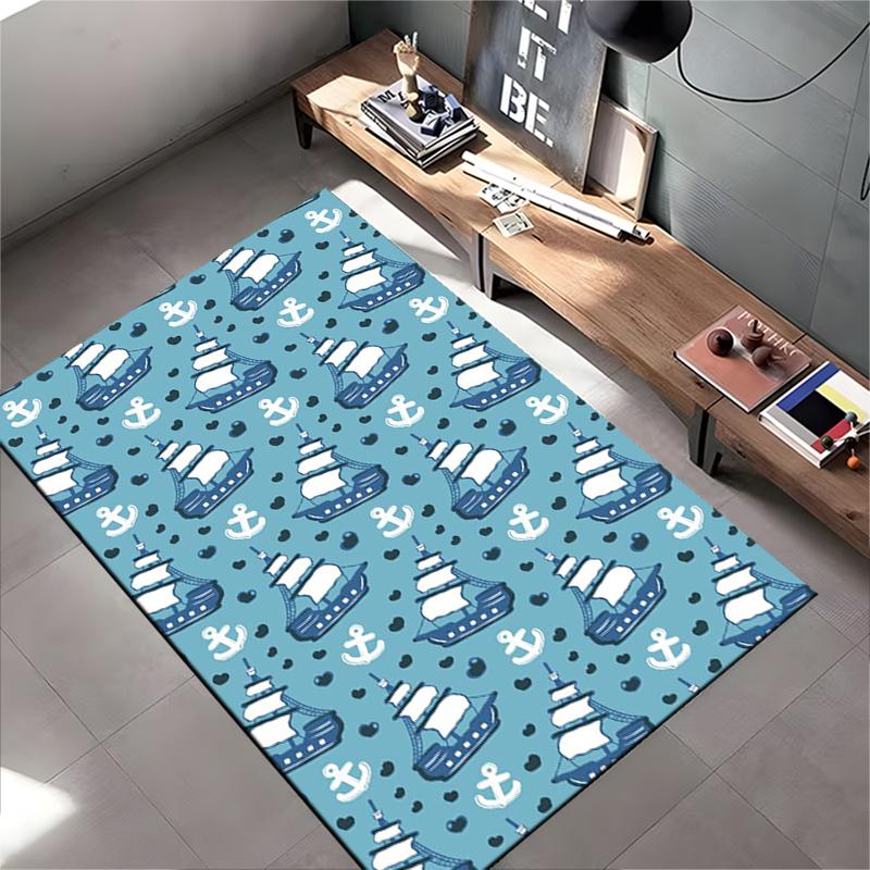 Nautical Kids Area Rug, Sailboat Anchor Light Blue Nautical Seamless Pattern Print, Nursery Playroom Decor, Non-Slip Mat