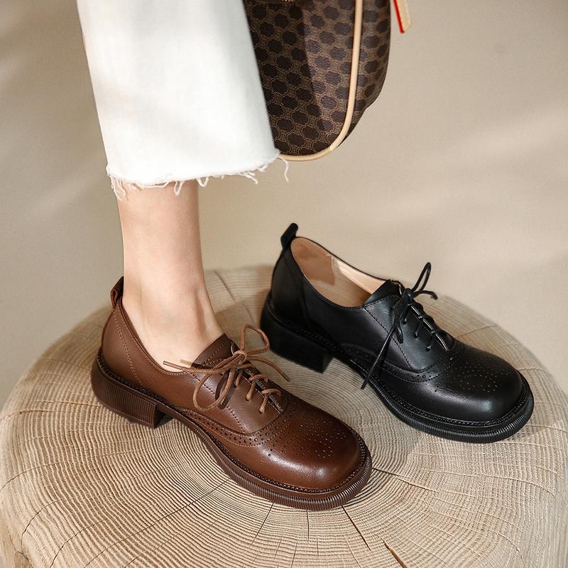 Fashion Women's New Sculptured Comfortable Inner and Outer Leather Thick Sole Round Head Lace up Mid Heel Large Block Oxford Shoes
