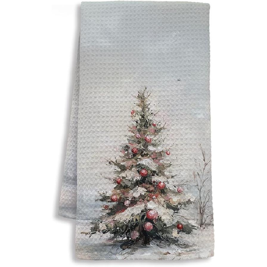 Pink Santa Winter Kitchen Towels, Snowflake Winter Dish Tea Towels for Kitchen, Funny Christmas Santa Claus Holiday Decorative Hand Towel for