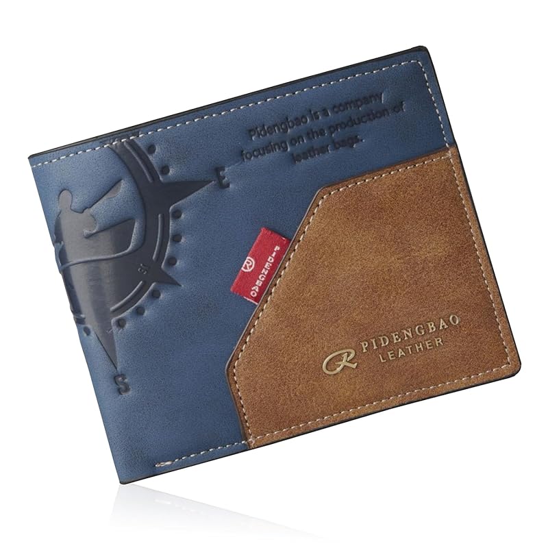 

[ORSUN] men s wallet bifold compact folding Thin genuine leather coin purse card holder male (Navy)