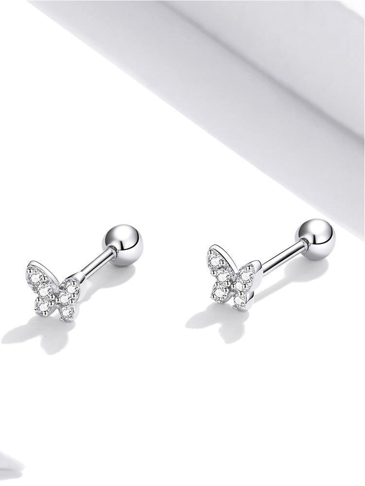 Sterling Silver S925 Simple Butterfly Earrings with White Gold Plated Zircon