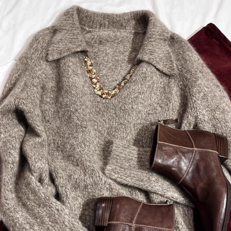 

Ленивый высококлассный свитер с пайетками на горловине, женский зимний новый утолщенный шерстяной свитер, мягкий восковой пуловер, вязаный свитер L