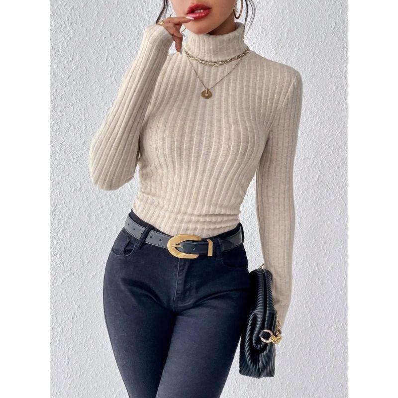 High Neck Solid Color Long Sleeve Top Turtleneck Pure Color Knitting Long Sleeves Tops