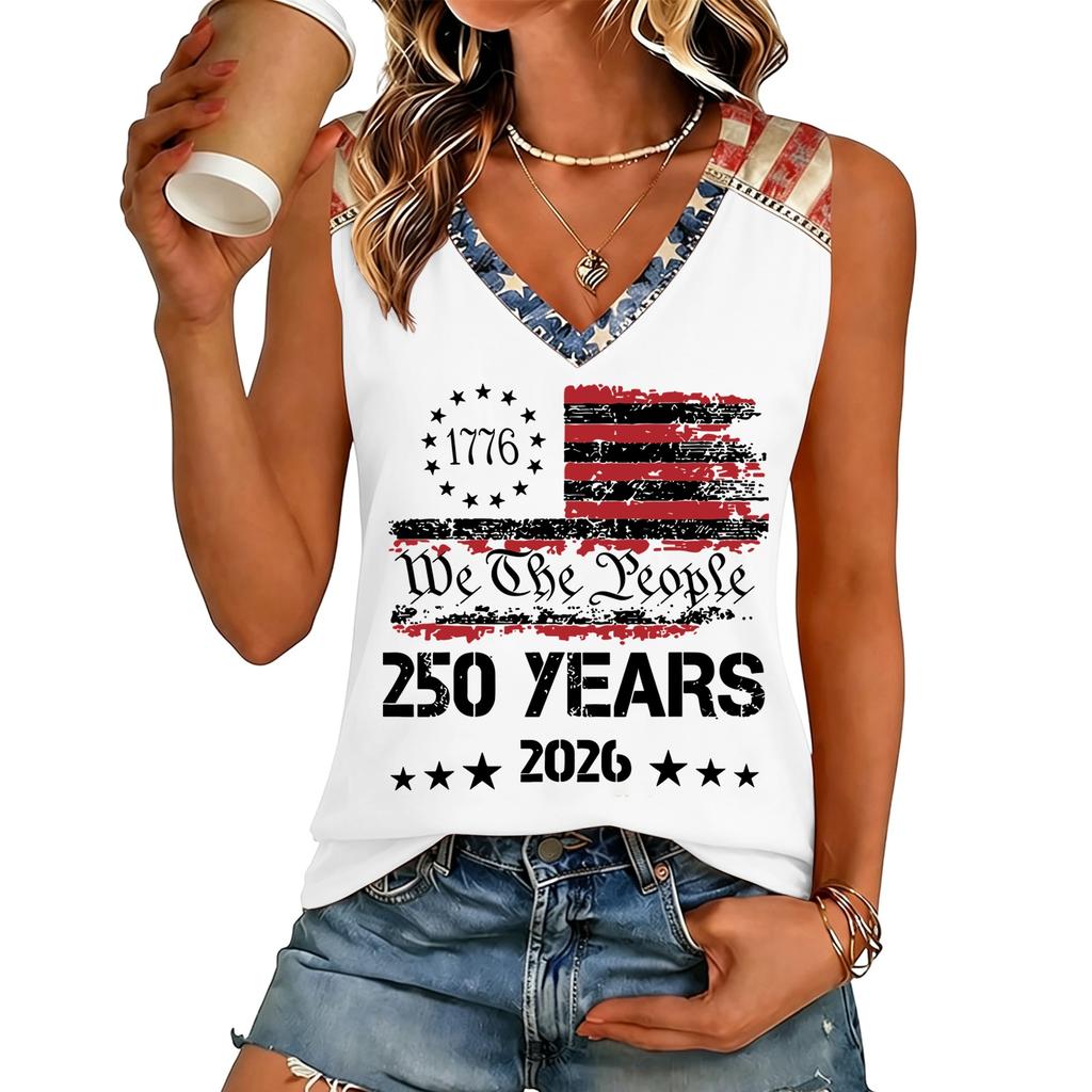 Women’s V Neck Sleeveless Casual Independence Day Butterfly Print Top Patriotic Holiday Tank Shirt for Summer Outings