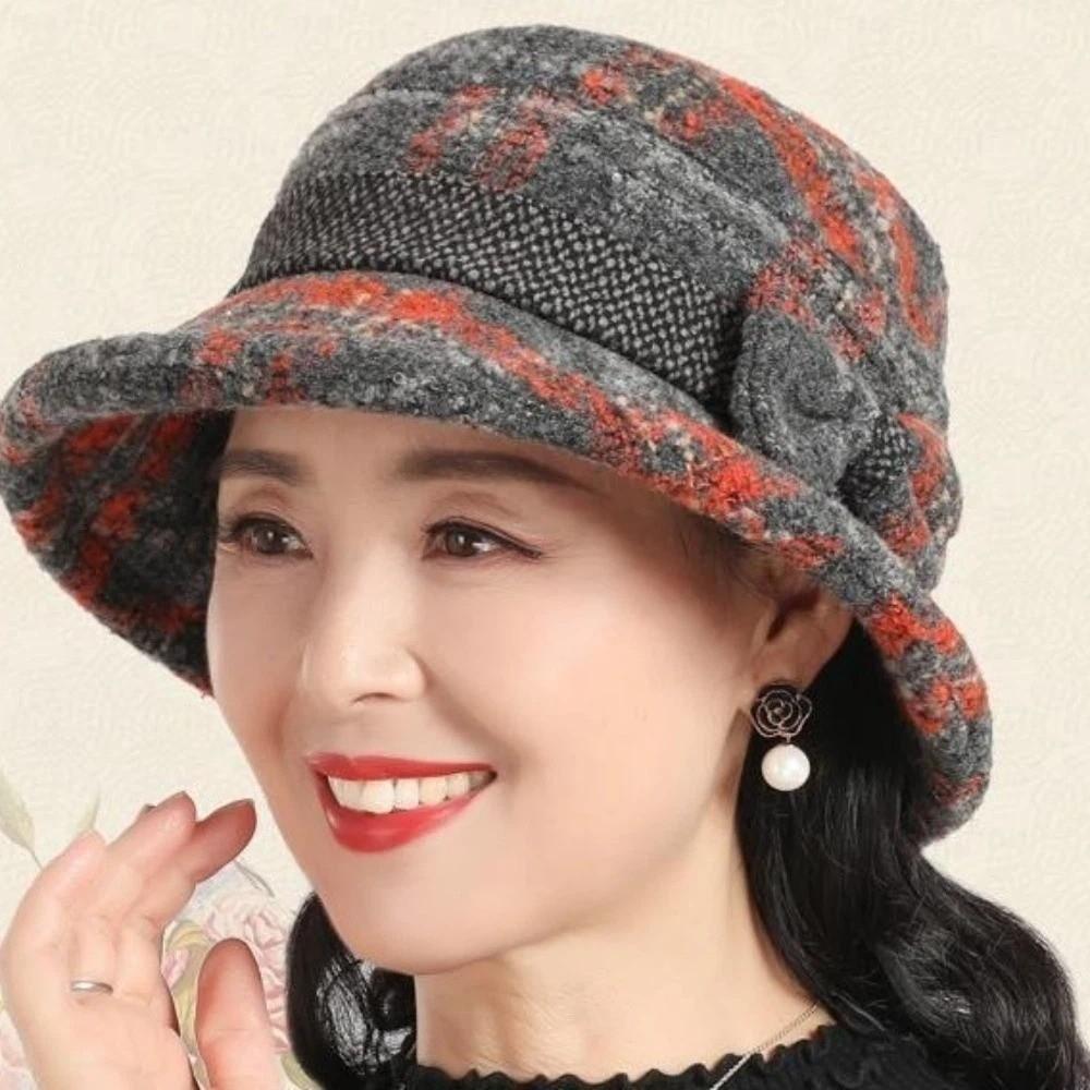 Thickened Bow Top Hat Windproof Cloche Hat Ladies Middle Aged Women Bucket Hat  Autumn