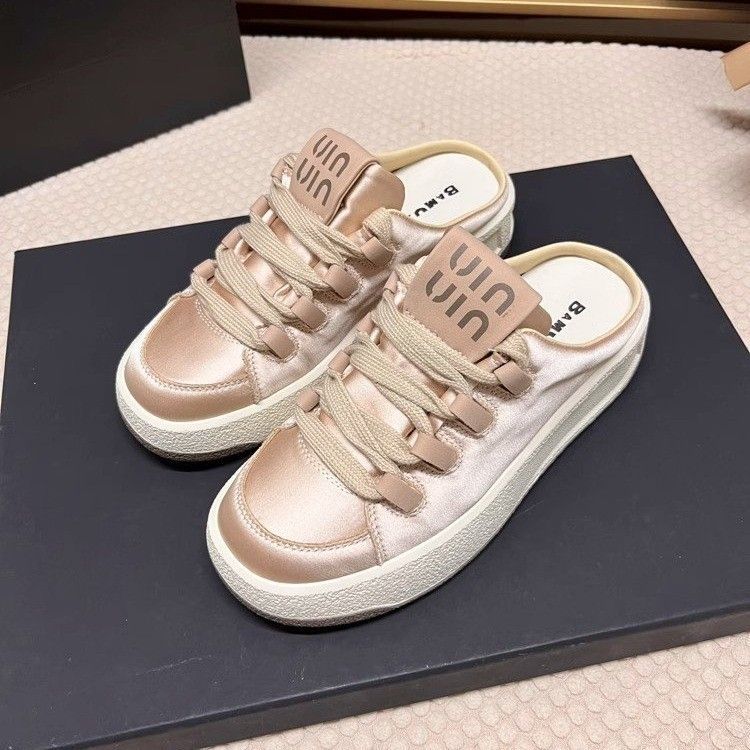 2025 half slippers women's outer wear 2025 summer new round head lace-up casual white shoes comfortable versatile board shoes