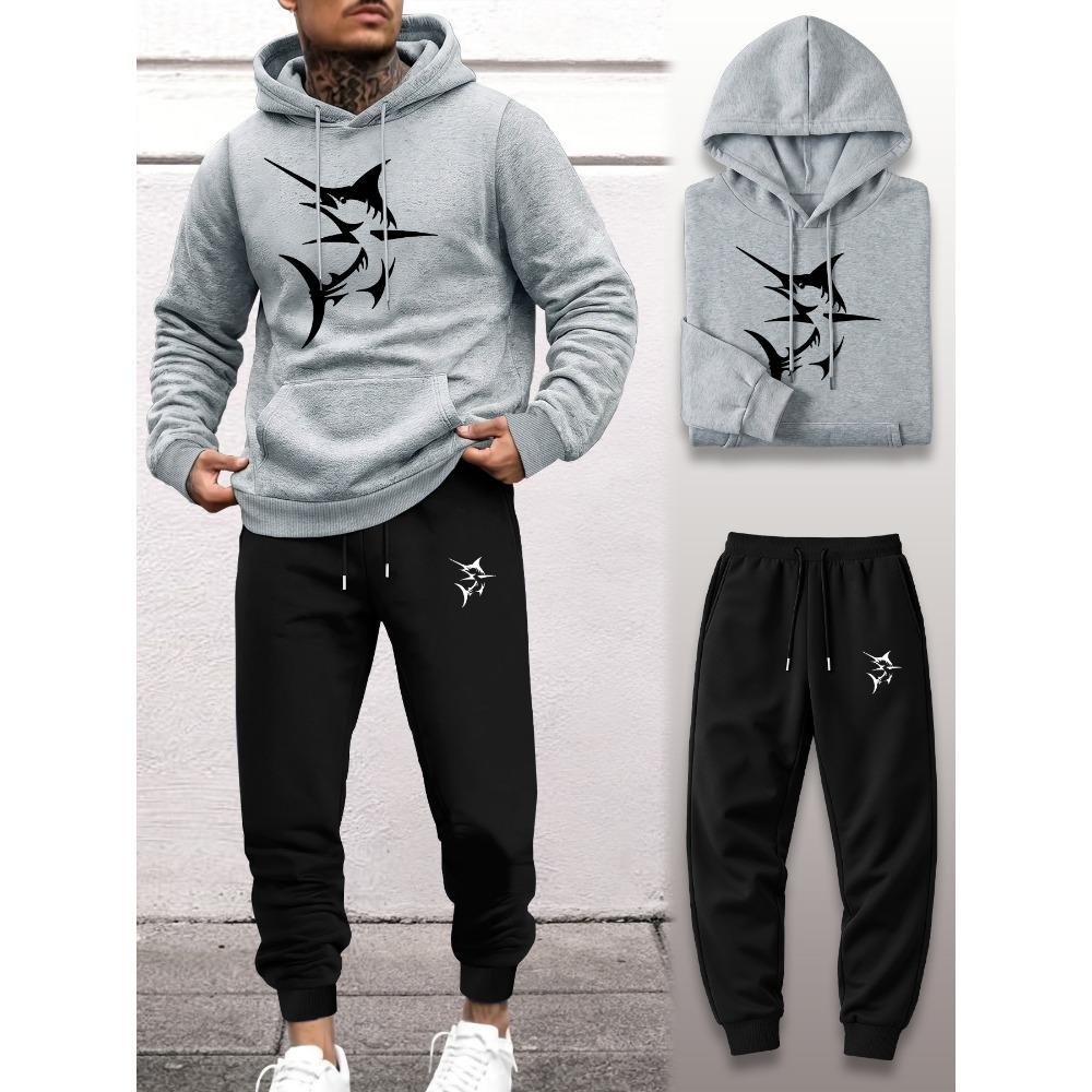 Swordfish Print Hooded Sweatshirt and Pants Two Piece Set Men's Sports Suit Casual Street Style Versatile for Daily Fishing Trips