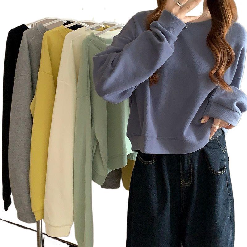 2024 Korean Style Women's Solid Color Hoodie: Fashionable, Loose, Long Sleeve, Round Neck, Short, Versatile Top for Spring/Autumn.