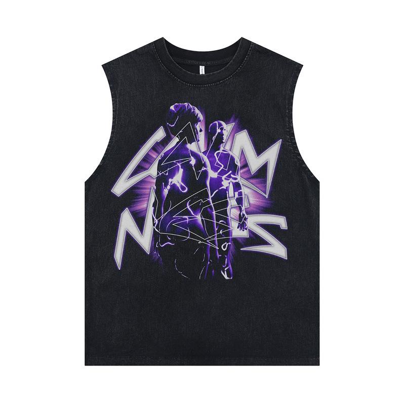 European And American High Street Printed Vest Washed Retro Oversize Casual Sleeveless T-Shirt For Men And Women M