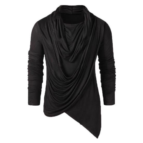 

Men Base Tops Solid Color Long Sleeves Pullover Loose Soft Breathable Asymmetrical Piled Neck Comfortable Autumn Shirt Men Daily Clothes S чорний