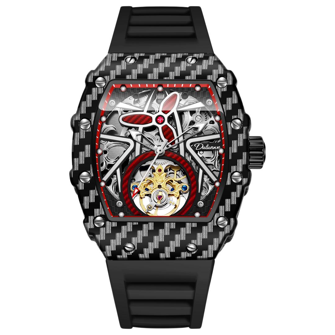 

Мужские водонепроницаемые светящиеся автоматические механические часы с турбийоном в форме винной бочки и полым циферблатом в подарок на праздник красный/чёрный