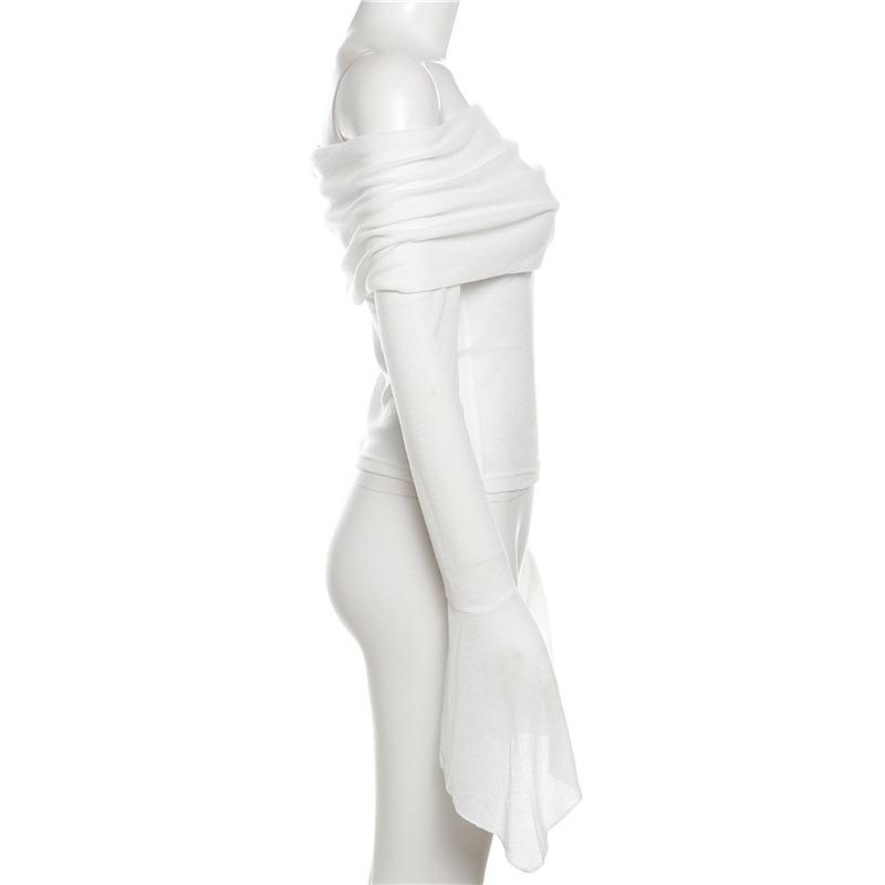 Fashion New Solid Slim Fit Off Shoulder T-shirt Women Sexy Backless Flare Long Sleeve Tshirts Woman Street Y2K Elegant Casual Lady Tee Shirt 24574