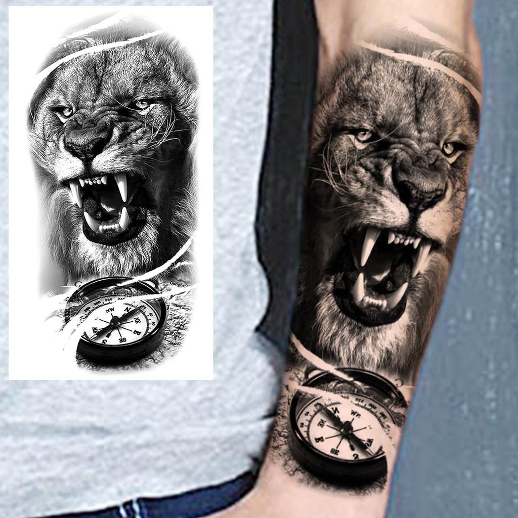 1 Sheet Lion Wolf Skeleton Nun Tiger Black Temporary Tattoos For Men Adult Leg Arm Compass Flower Fake Tattoo Sticker Waterproof