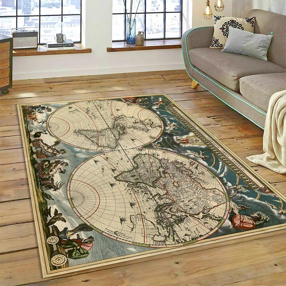 Antike Seekarte Weltkarte Teppich Schlafzimmer Vollflächig Große Größe Wohnzimmer Teppich Schmutzabweisend Pflegeleicht Weiche Matte