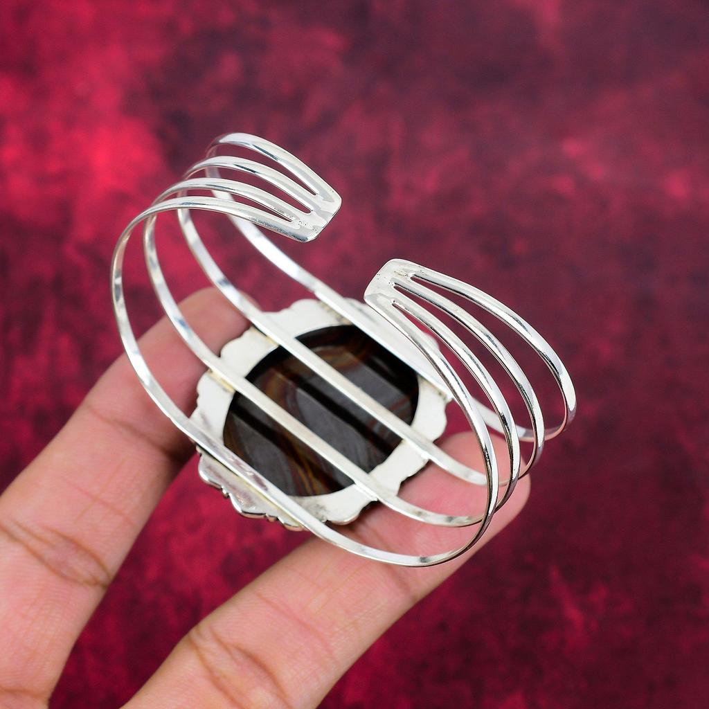 Iron Tiger's Eye Handmade Gemstone Bangle, 925 Solid Sterling Silver Bangle Unique Design Jewelry, For Thanksgiving