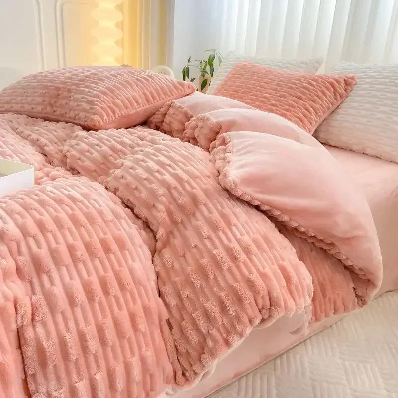 3-4pcs Winter Warm Bedding Sets Duvet Cover Plush Sheet King Twin Queen Size Bed  Flano Coral Fleece Pillowscase Bedding Set