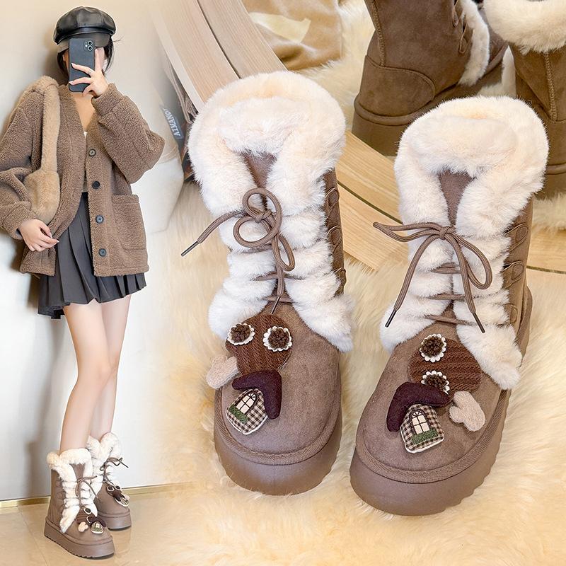 Women's Lace-up Large Size Thick Sole Winter Warm Fur Snow Boots Padded Lined Ankle Boots Anti-slip Hiking Sports Cotton Boots