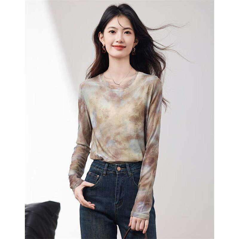 Xinfeiyu Women's Tie-Dye Mesh Long Sleeve T-Shirt
