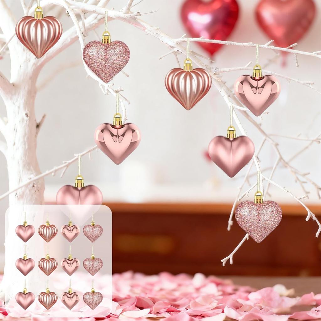 12pcs Valentine's Day Heart Shaped Ornaments, Valentine's Day Hanging Decorations, Heart Shaped For Wedding Party Valentine's Day