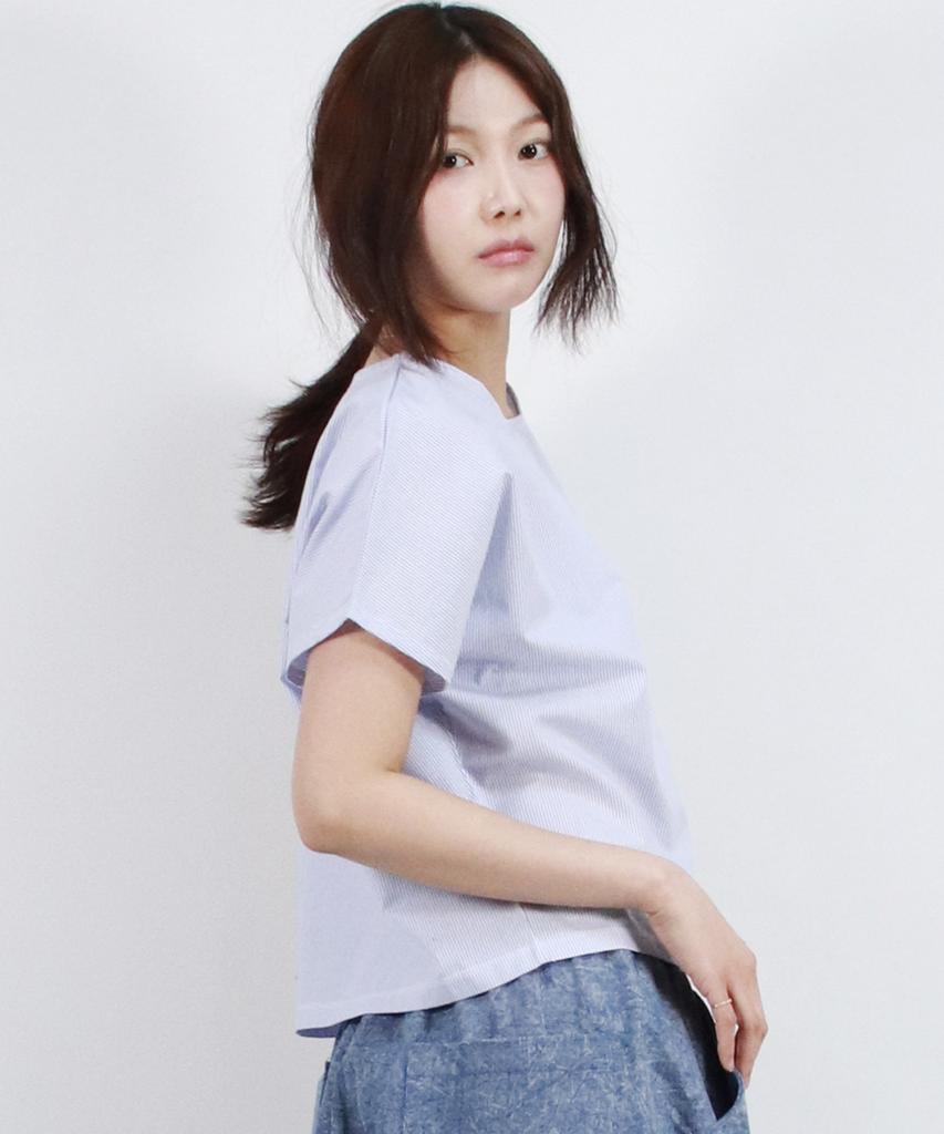 Deumakeu Stripe Mini French Short Sleeve Shirt Blue