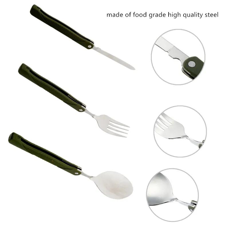 Folding Cutlery Set Fork Knife with Army Green Pouch Survival Camping Bag Outdoor Cutlery Stainless Steel Portable Tableware