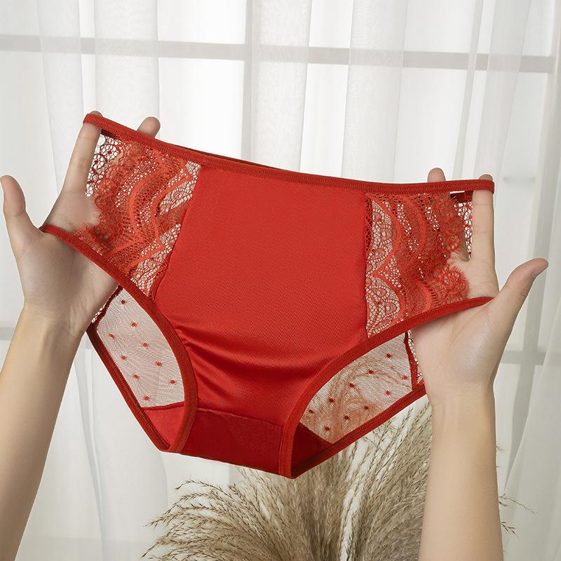 Female Summer New Style This Year Red Sexy Lace Satin Semi Transparent Hollow Mesh Gauze Triangle Briefs