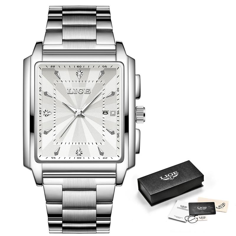 LIGE Luxury Man Wristwatch Waterproof Luminous Date Stainless Men's Watches Sports Square Men Watch Casual Quartz Male Clocks