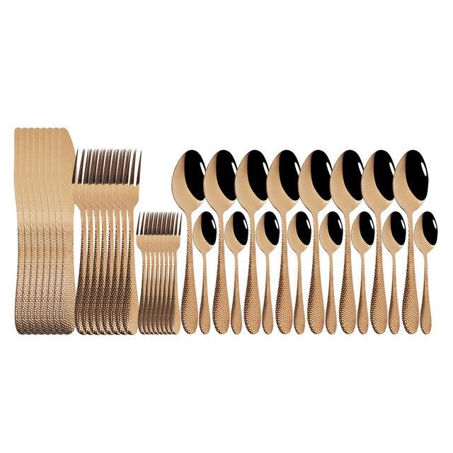 40ks/sada Nová luxusní sada zlatých příborů Zrcadlo Sada příborů Nerezové příbory Nůž Vidlička Lžíce Čajová lžička Na doma