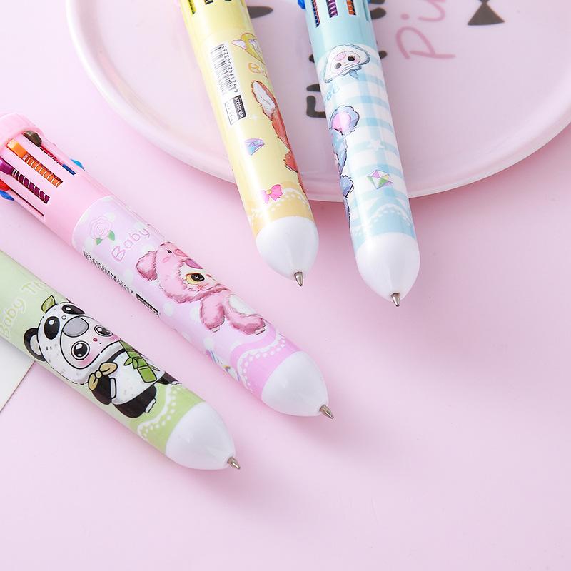 1Pc with Box Cartoon Headgear Animal Ten-color Ballpoint Pen Cute Doll Multi-color Pen Student Ten-in-one Color Suitable Holiday Gift Novelty Statione