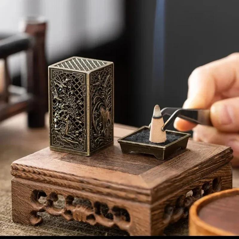 Vintage Carved Plum Incense Burner Square Vertical Alloy Incense Holder Buddhist Craft Chinese Antique Aromatherapy Zen Ornament