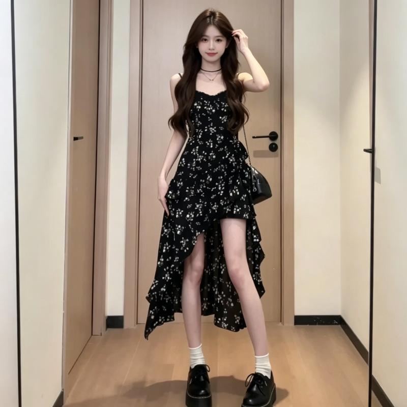 French black floral suspender dress women's summer new beautiful holiday irregular long dress