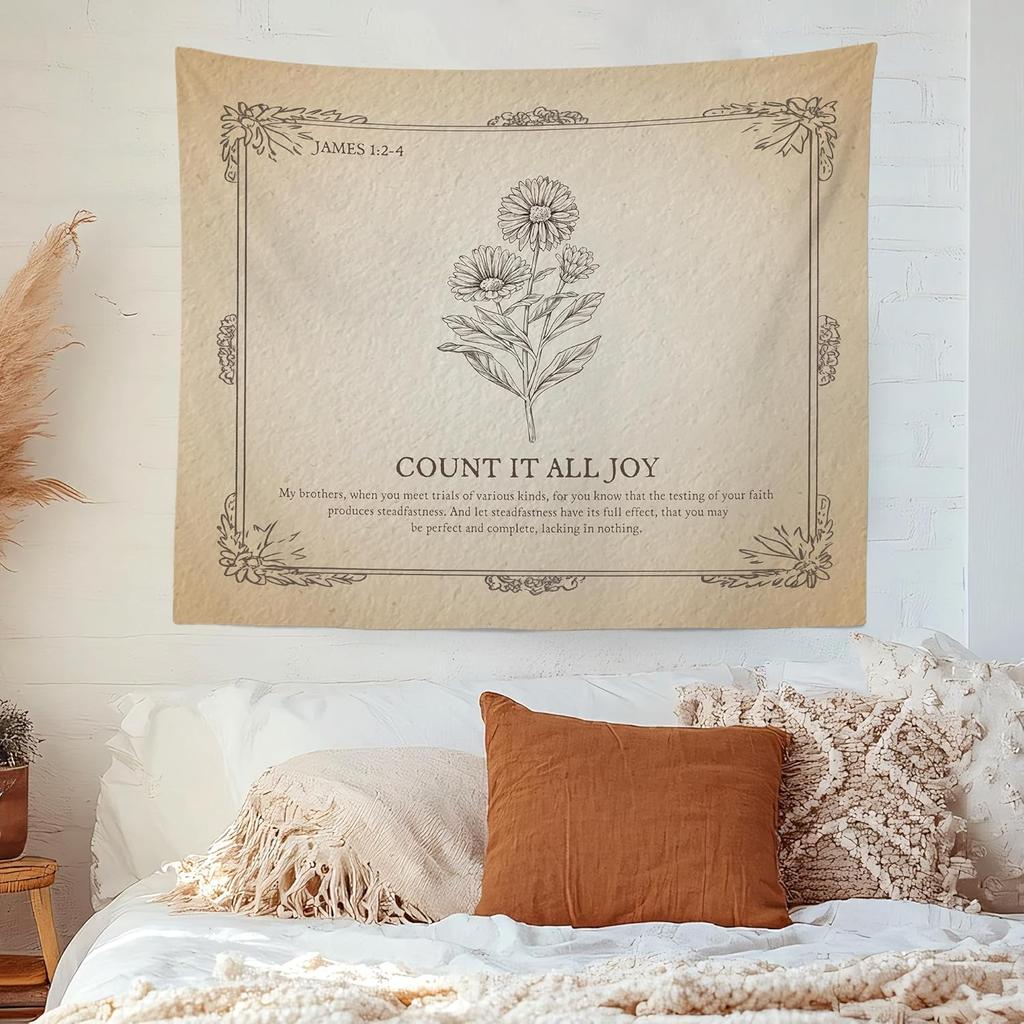 Vintage Christian Floral Wall Tapestry Hanging for Bedroom Flower Bible Verse Scripture James 124 TapestryRustic Religious