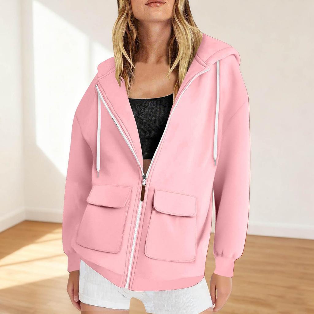 Women's Fashionable Solid Color Long Sleeved Casual Zipper Pocket Hooded Sweatshirt Jacket
