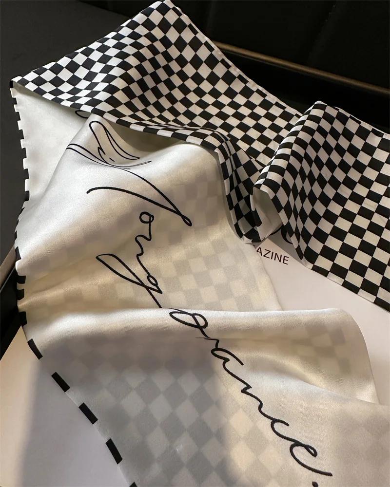 Plaid Scarf Women Imitation Silk Neck Kerchief Foulard Female Hairbands Narrow Ribbon Hair Scarves Bag Ties 15*150Cm