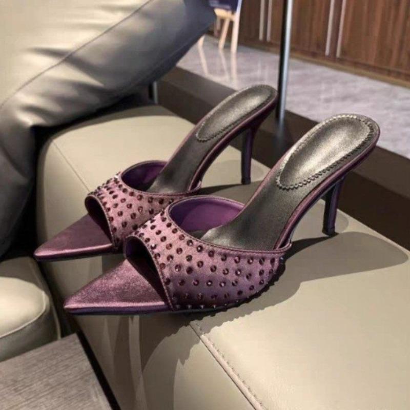 

Модные Универсальные Шлепанцы на Высоком Каблуке с Острым Носком, Украшенные Стразами, Сандалии с Цельным Ремнем, Повседневная Элегантная Женская Обувь 40 фиолетовый