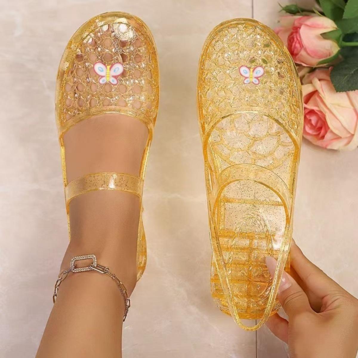 

Gemstone Sparkling Jelly Mary Jane Shoes, Transparent Woven Hollow Flat Shoes, Waterproof and Non Slip, Cute Beach Pool Vacation Cooldown 36 золотий