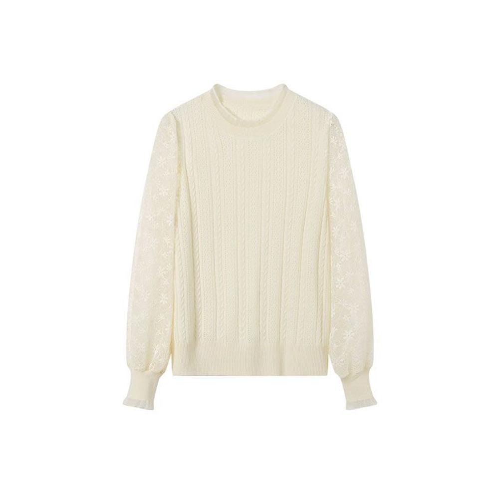 New Spring Women's Lace Lantern Sleeve Hook Flower Hollow Knitted Shirt Thin Edition Ear Collar Short Edition Bottom Top