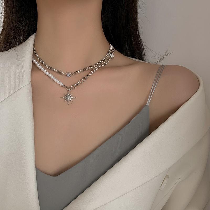 Design pearl necklace splicing chain zircon clavicle chain femininity millennial wind star Internet celebrity necklace