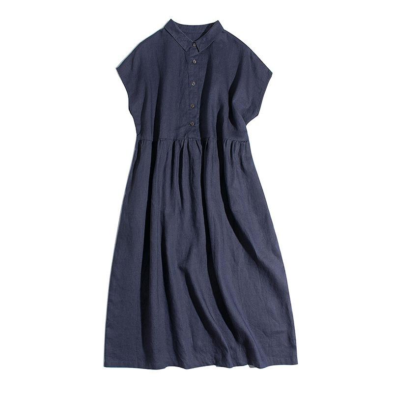 Summer New Literary Small Lapel Shoulder Sleeve Shirt Skirt Short Sleeve Casual Dress Women