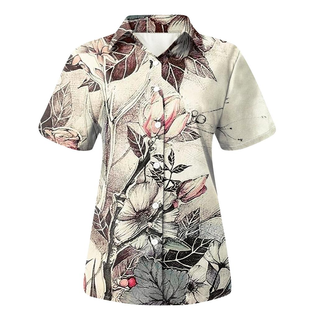 Women's Fashion Casual Short Sleeve Flowers Print Buttons Lapel Shirt Top Blouse