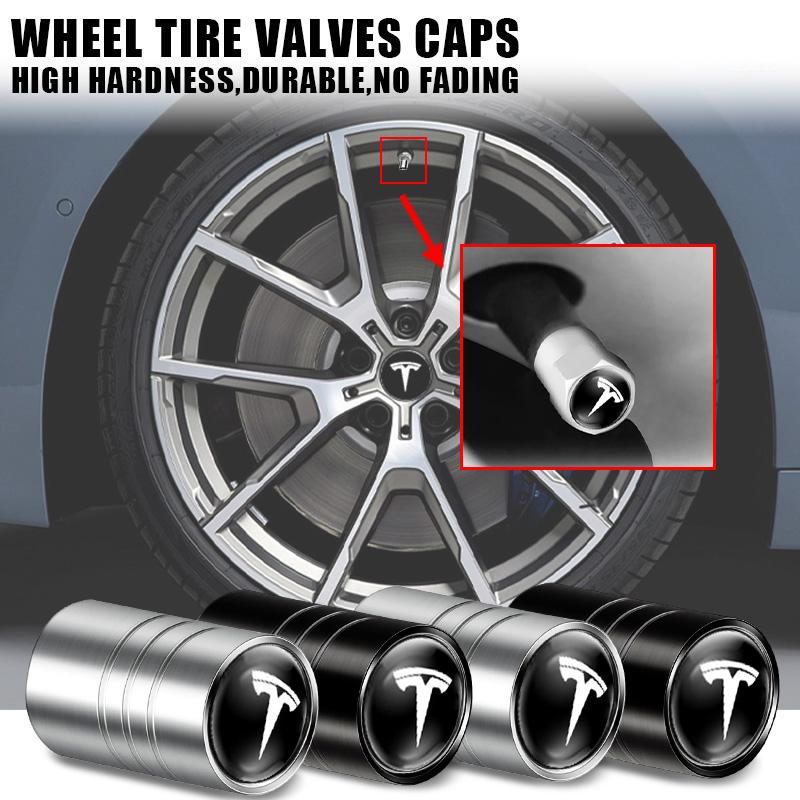 AKZ1 4Pc/set Car Styling 3D Wheel Tire Valve Stem Caps Auto Accessories For Tesla Model 3 Model S Model X Model Y Cybertruck Roadster