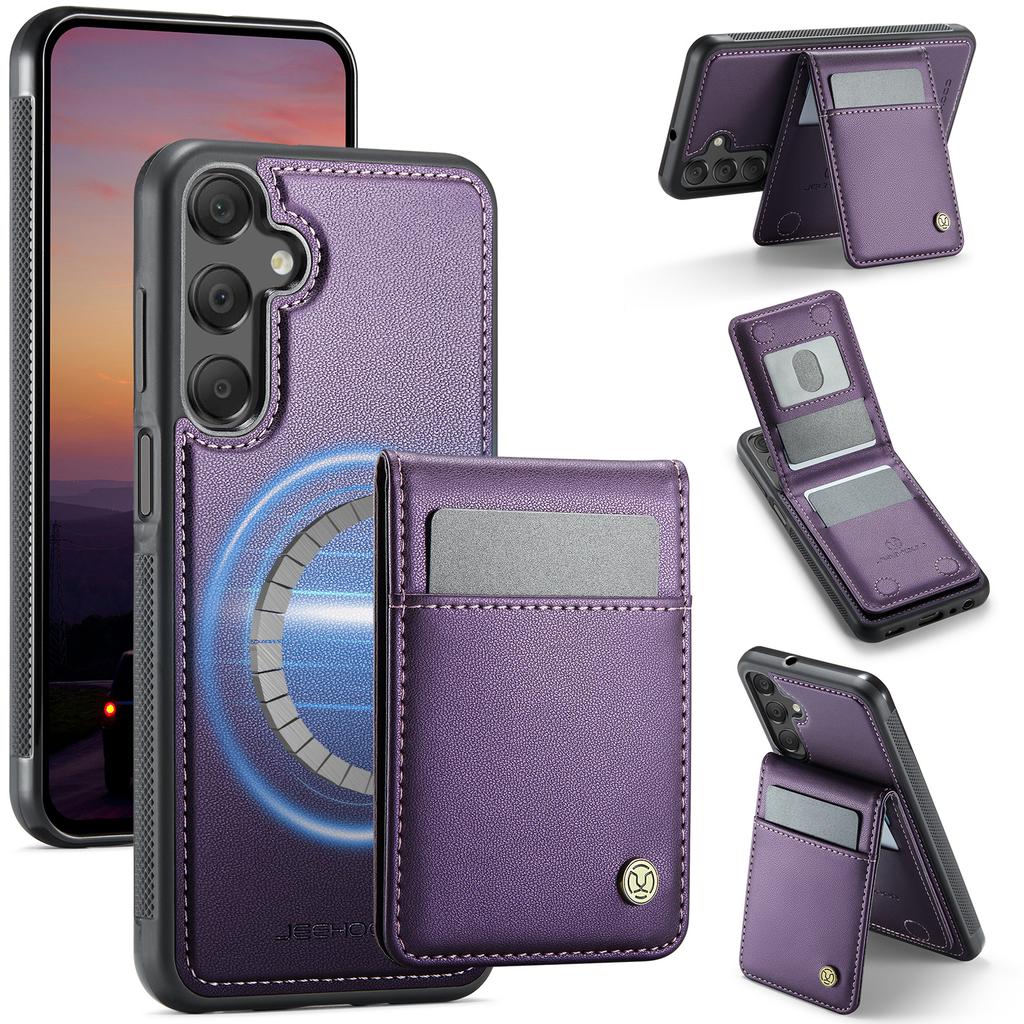 For Samsung Galaxy A15 5G/Galaxy A15 4G Leather Back Cover Compatible with MagSafe JEEHOOD J06 Phone Case with Card Bag RFID Blocking