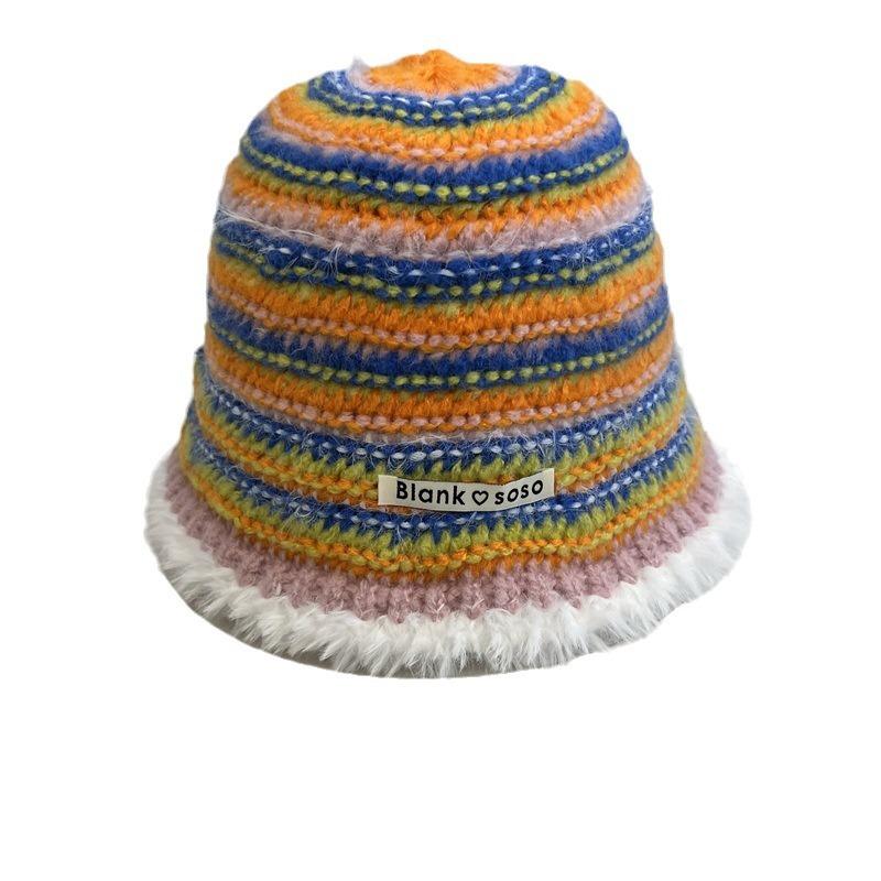 College Style Colored Stripes Contrasting Colors Knitted Bucket Hat Women Autumn and Winter Warm Ear Protection Plush Edge Basin Hat