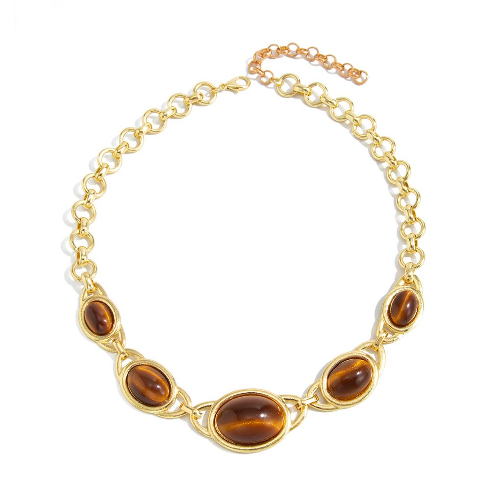 Vintage Lekki Luksusowy Naszyjnik z Żywicy z Koralikami z Kamienia Tygrysiego Oka, Modny Geometryczny Metalowy Wisiorek Naszyjnik na Obojczyk