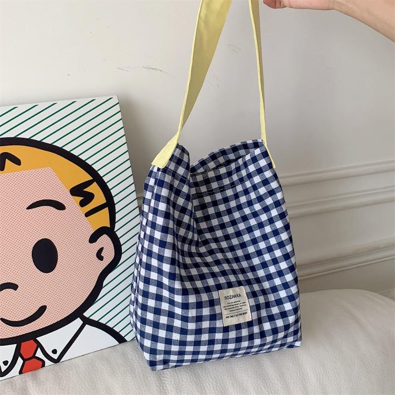 Canvas bag women's new contrasting color plaid shoulder bag college student literary commuter tote bag